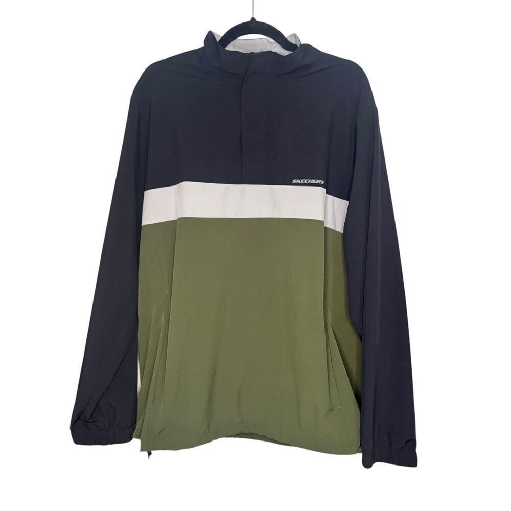 Skechers Men’s Large Windbreaker Track Jacket 1/4 Zip Pullover Black Gray Green